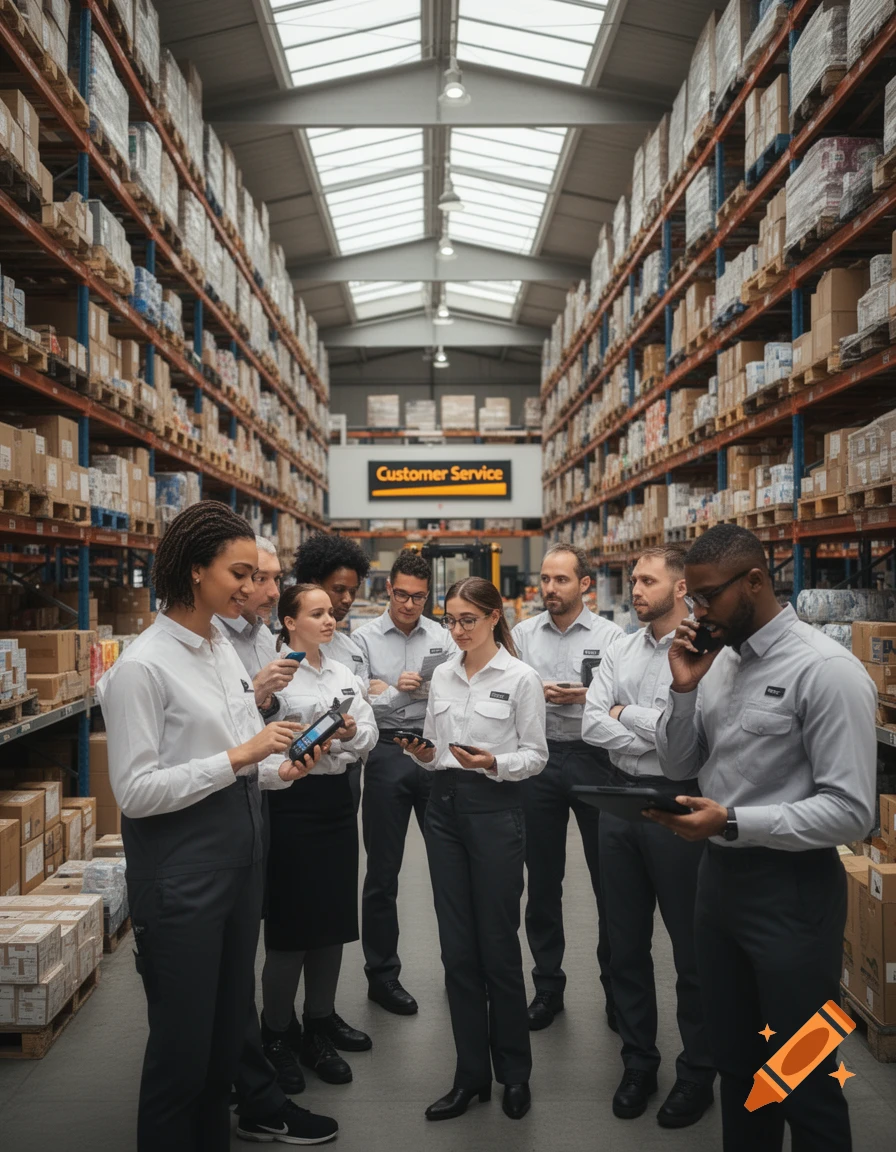 A diverse team of professionals in uniforms consult devices in a warehouse. A "Customer Service" sign is in the background. Photorealistic.