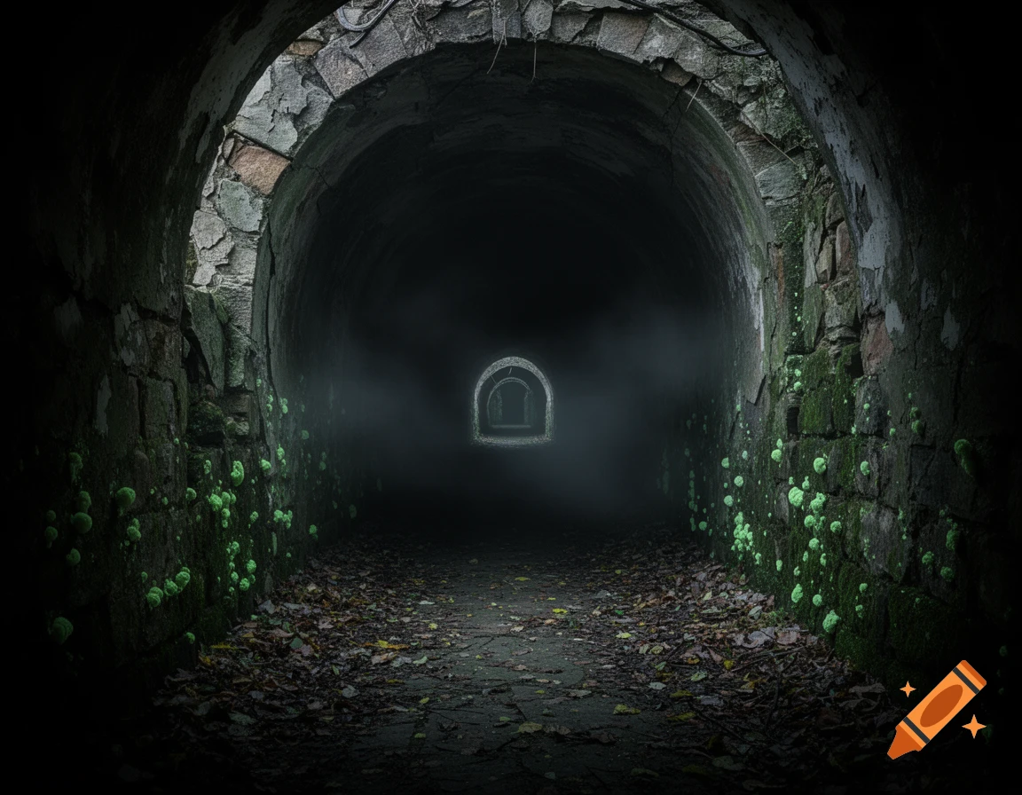 A dark, misty stone tunnel with glowing green moss on the walls, leading to another archway in the distance.
