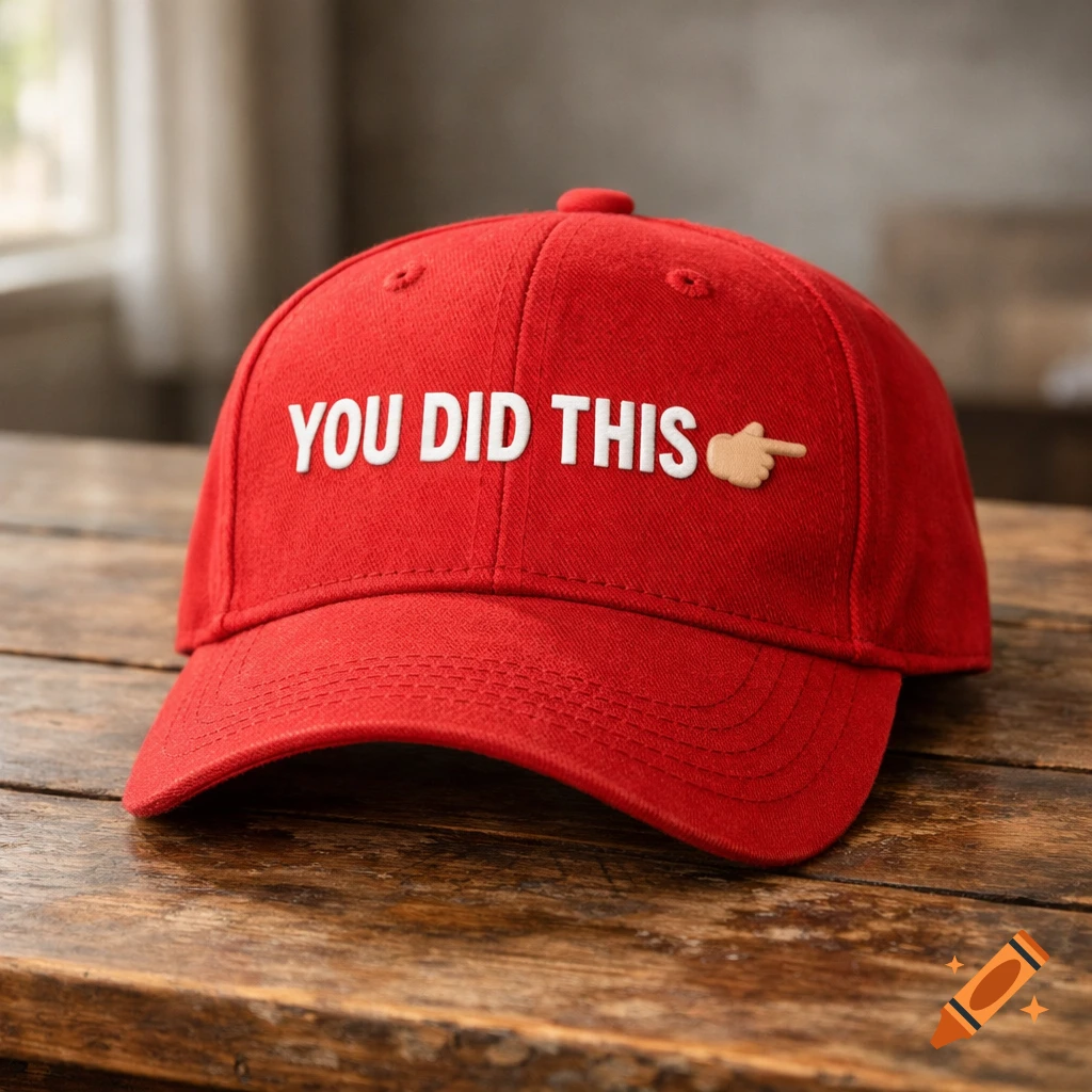 A red baseball cap rests on a rustic wooden table, embroidered with the white text "YOU DID THIS" and a pointing finger emoji.