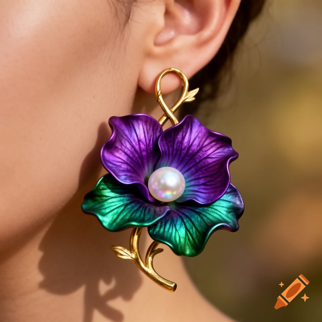 Close-up of a person's ear wearing a vibrant purple and green metallic flower earring with a pearl center.