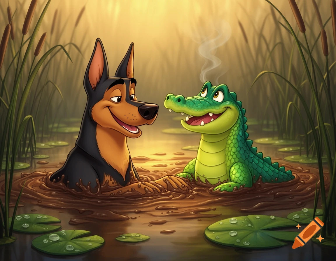A cartoon German shepherd and alligator smiling in a swamp mud bog, surrounded by cattails and lily pads.