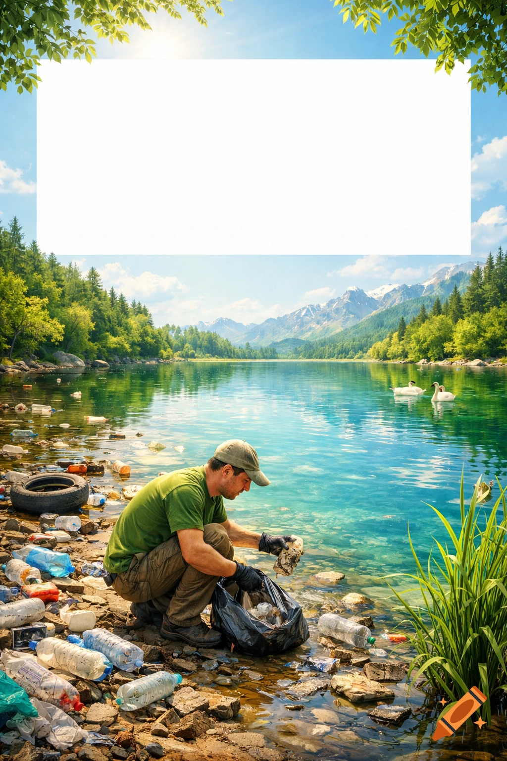 A person cleans a polluted lake shoreline littered with plastic bottles and a tire, with clean turquoise water, mountains, and forests in the background.