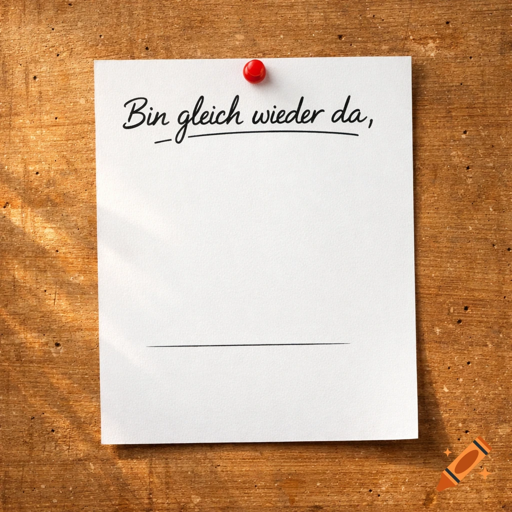 A white piece of paper with the German text 'Bin gleich wieder da,' (I'll be right back,) pinned to a wooden board with a red thumbtack.