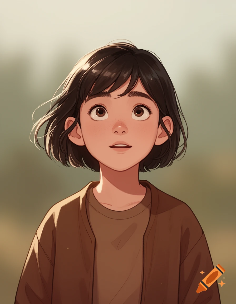 Anime portrait of a young girl with short dark hair, wide brown eyes, and light skin, looking upwards with a slightly open mouth.