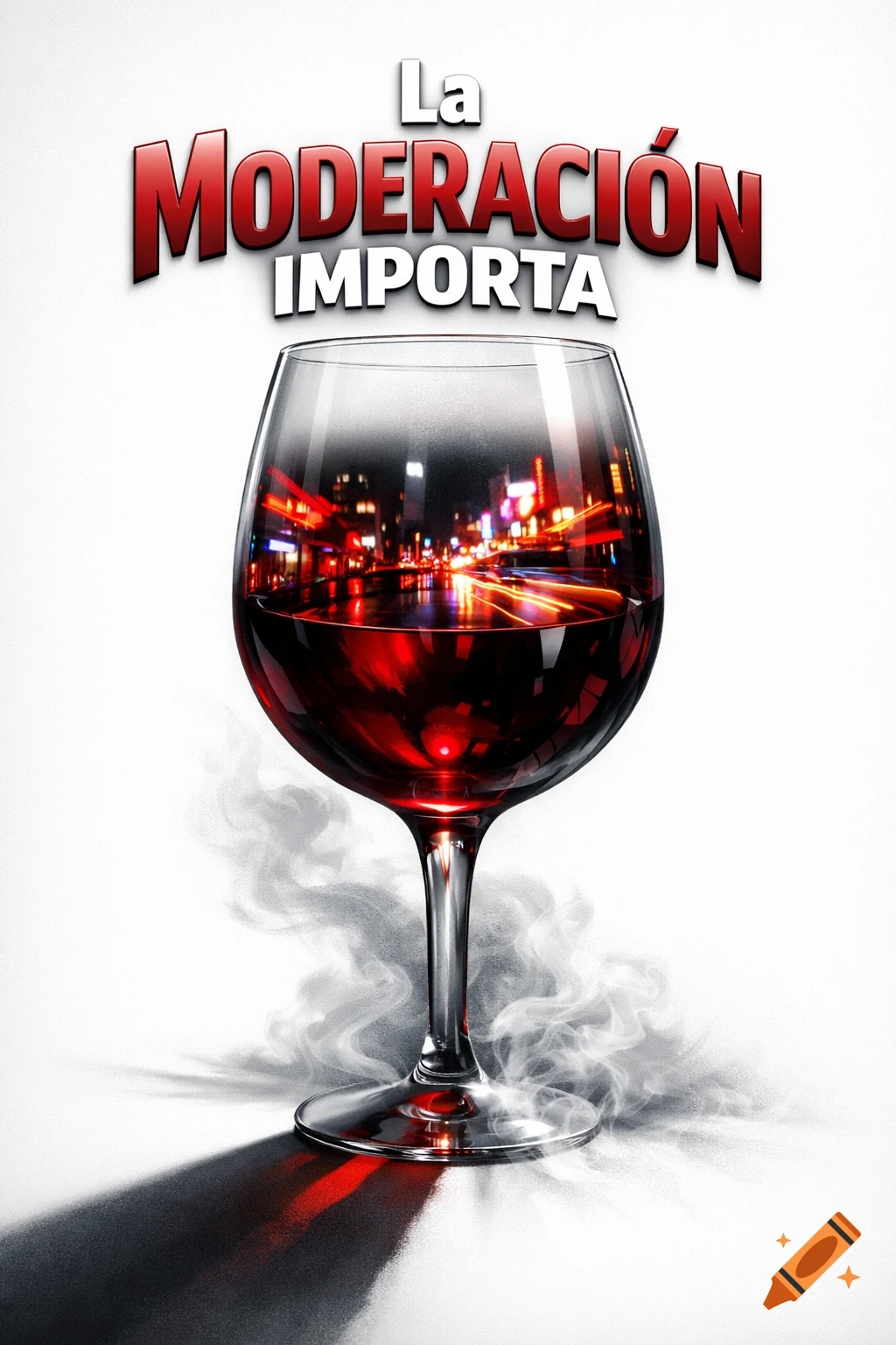 Photorealistic image of a wine glass reflecting a vibrant city street at night, with red liquid inside and smoke at its base, featuring text 'La MODERACIÓN IMPORTA' above.