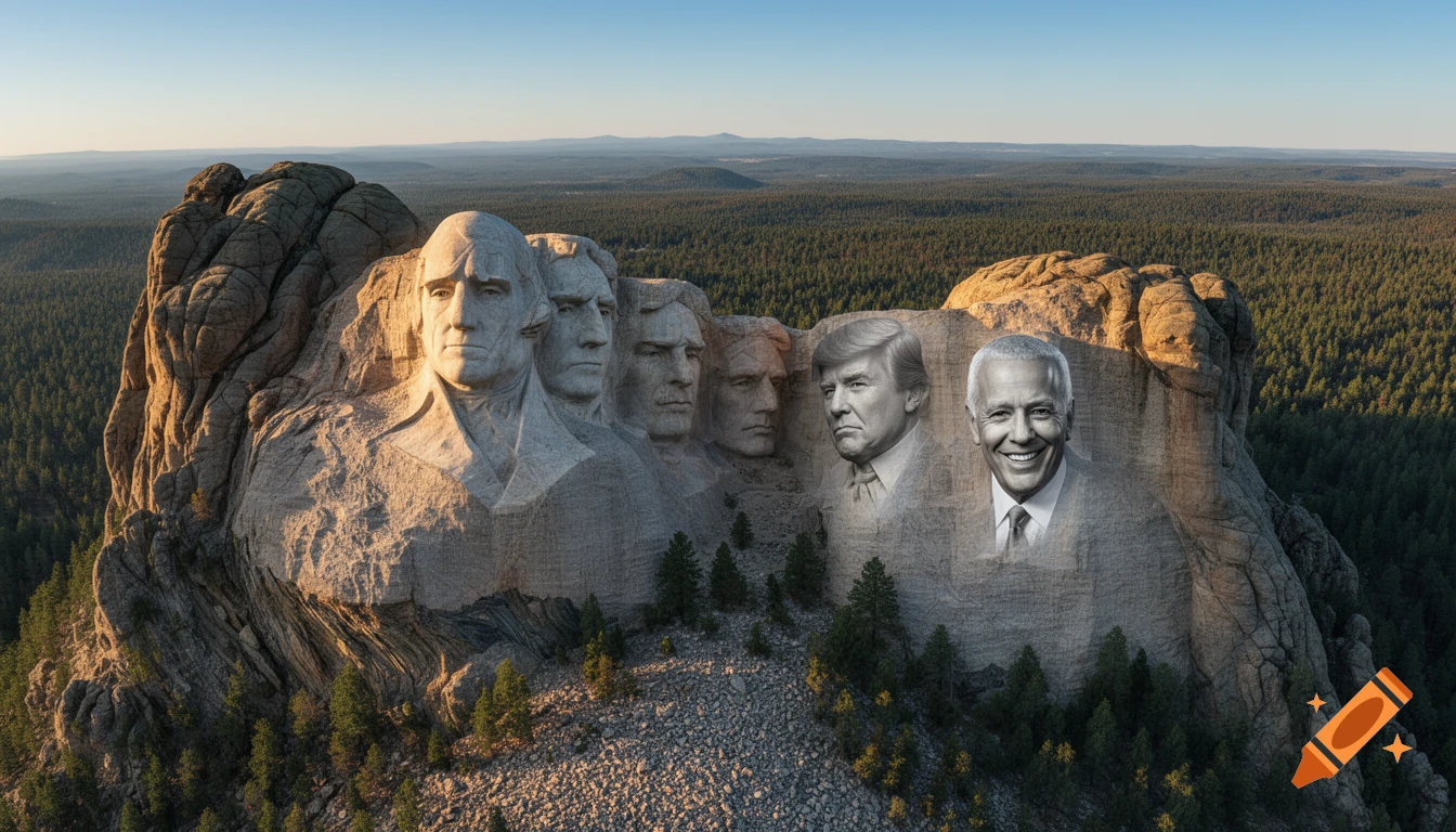 Mount Rushmore with additional carvings of Donald Trump, Barack Obama, and Joe Biden alongside the original four presidents.