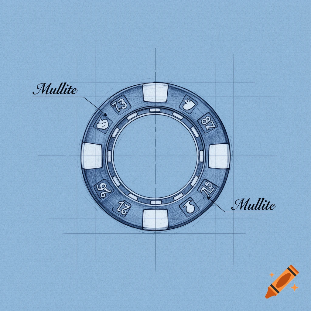 Hand-drawn blueprint sketch of a poker chip with the word 'Mullite' and numbers.