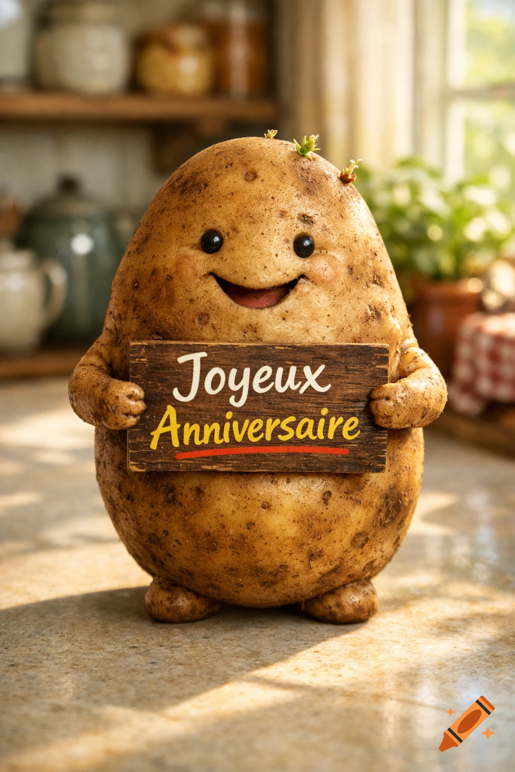 Happy smiling anthropomorphic potato with sprouts, holding a wooden sign that reads 'Joyeux Anniversaire' in a sunny kitchen.