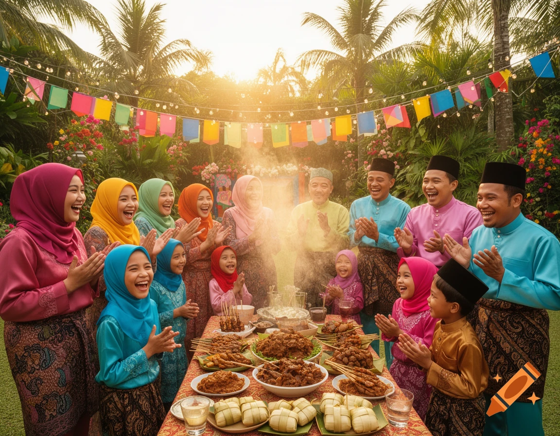 Large group of Malaysian people celebrating outdoors with food, laughing and clapping under colorful flags.
