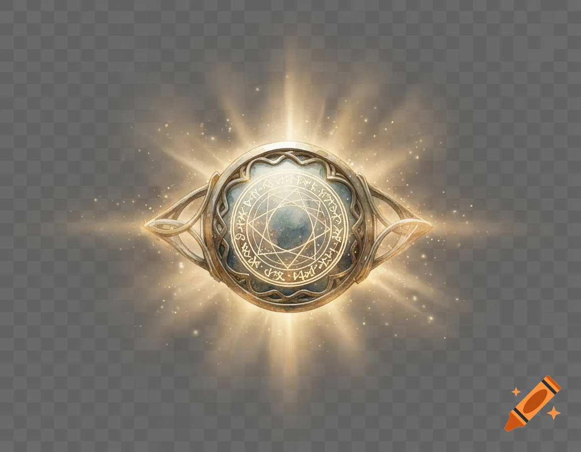 A glowing golden fantasy button with intricate magical runic symbols on a transparent background.