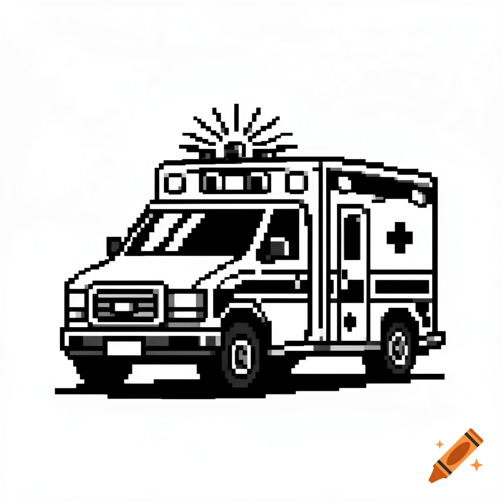 Black and white pixel art illustration of an ambulance with its emergency lights on, facing left on a white background.