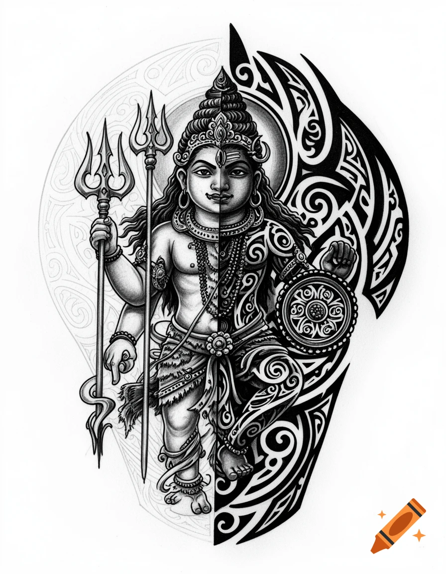 A black and white tattoo stencil illustration of Harihara, fusing Shiva with a trident and Vishnu with a chakra, featuring intricate tribal patterns.