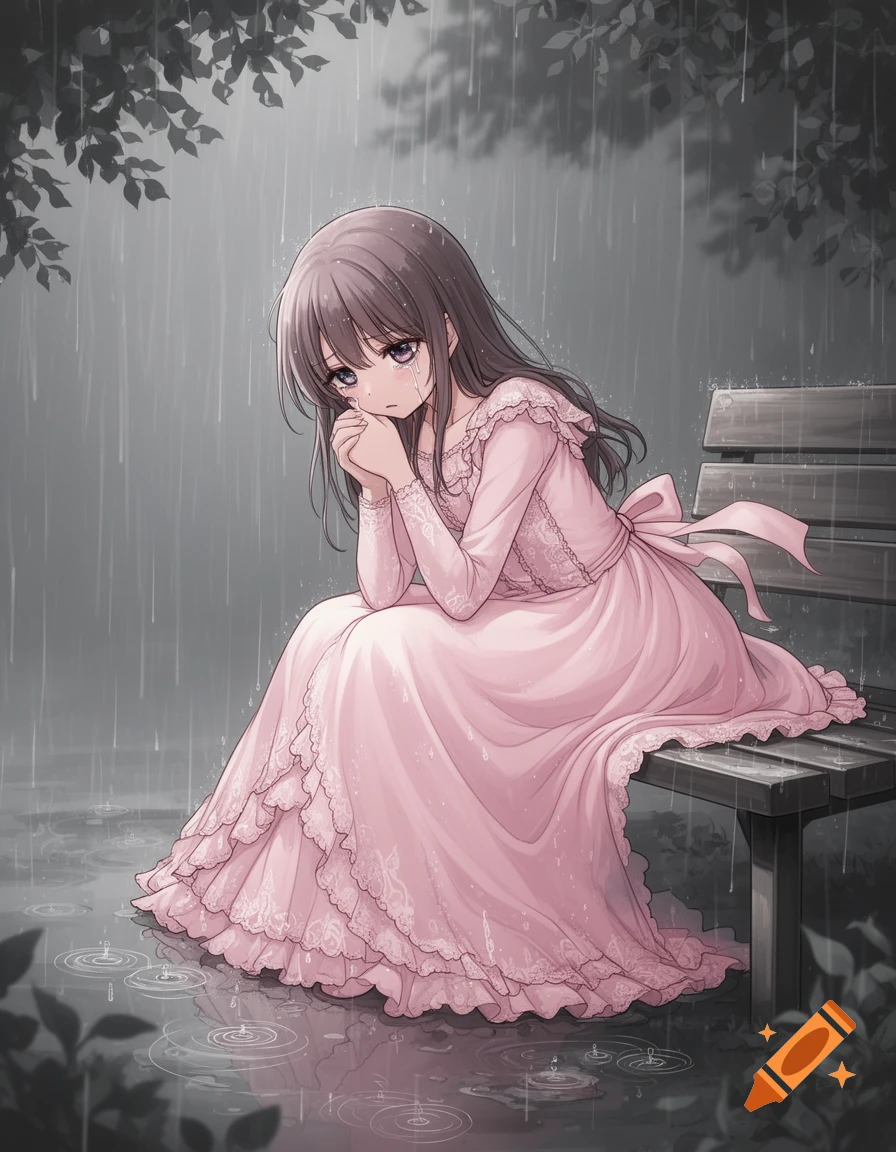 Anime girl crying on a park bench in the rain, wearing a pink dress.
