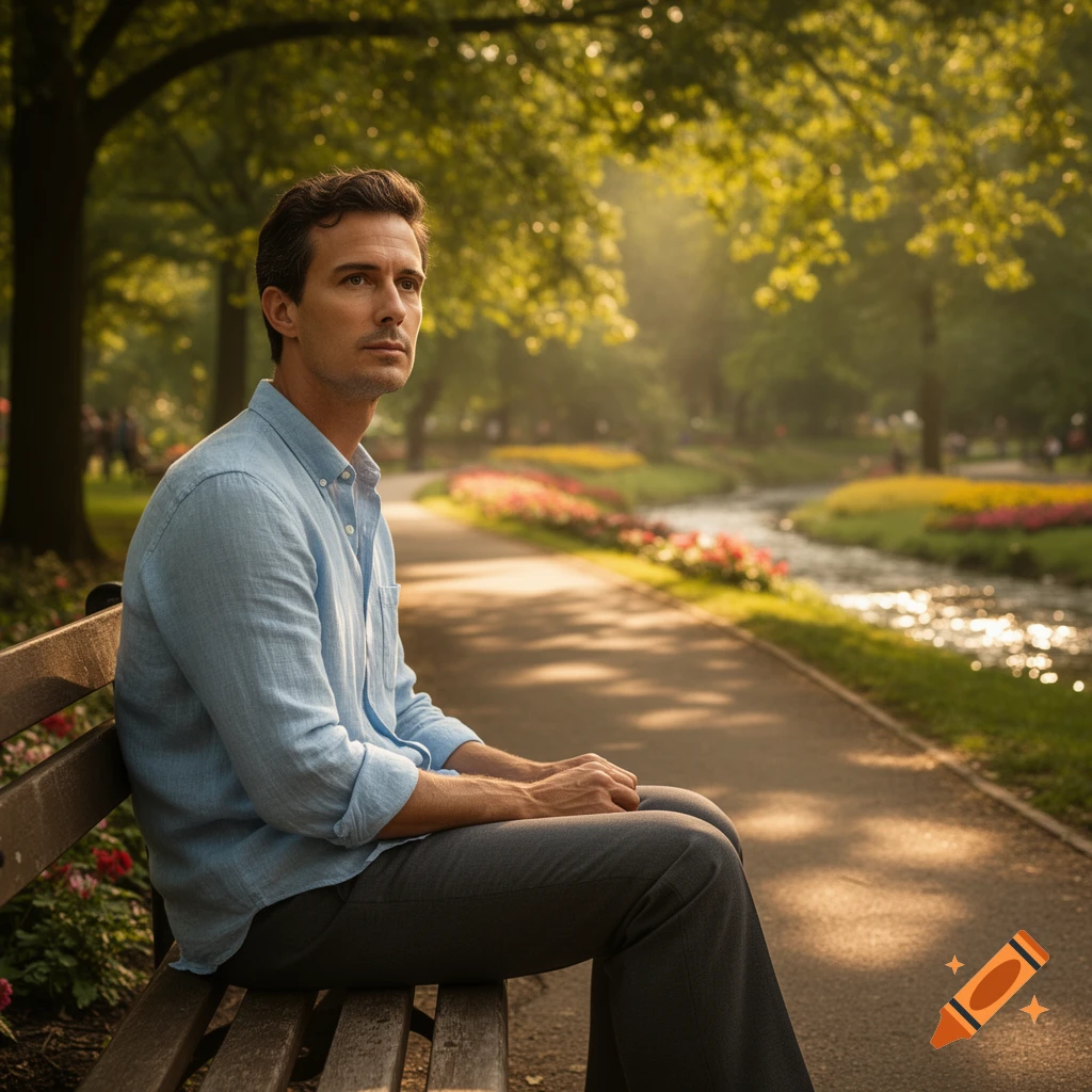 A man in a light blue shirt sits on a park bench, looking thoughtfully, with lush trees and a stream in the background.