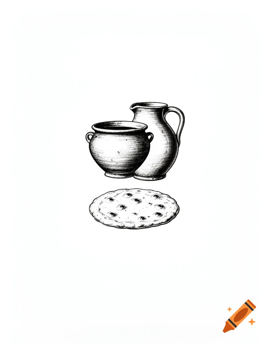 A medieval archaeological illustration in ink on a white background, featuring an olla cooking pot, a jug, and a flat bread disc.