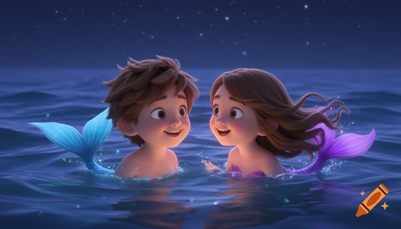 Cartoon mermaid boy with a blue tail and mermaid girl with a purple tail smile warmly at each other in the ocean at night.
