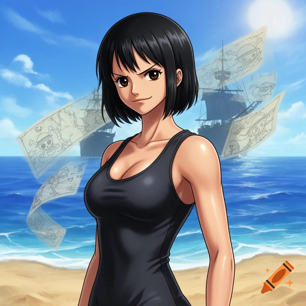 Anime woman with short black hair and dark skin in a black swimsuit on a beach with pirate ships and maps.