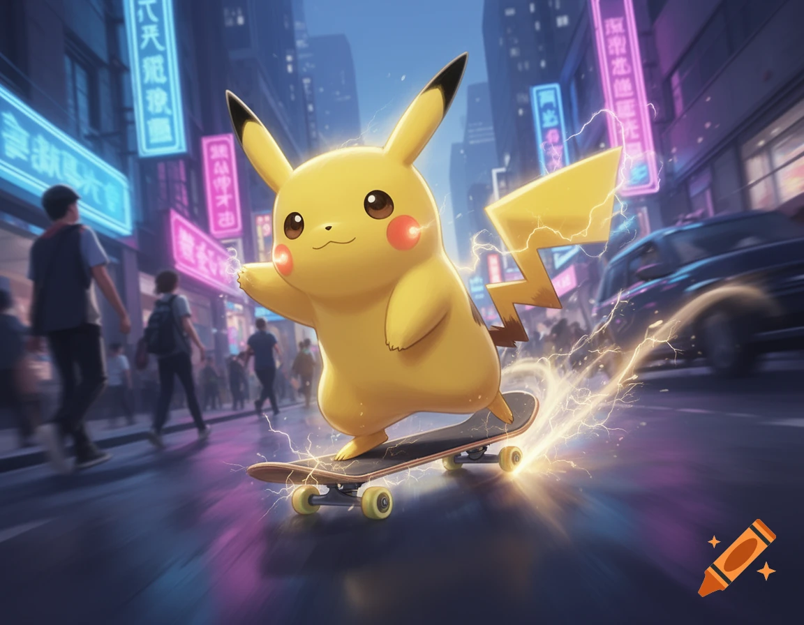 Pikachu rides a skateboard, leaving an electric trail, on a neon-lit city street at night.