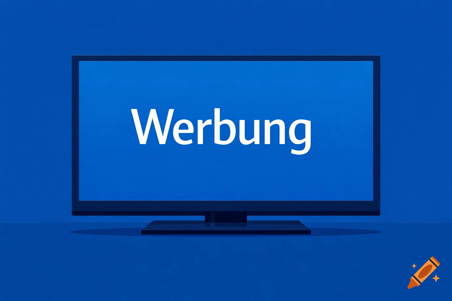 A flat-screen TV displays the German word "Werbung" (advertising) in white on a bright blue screen, against a dark blue background.