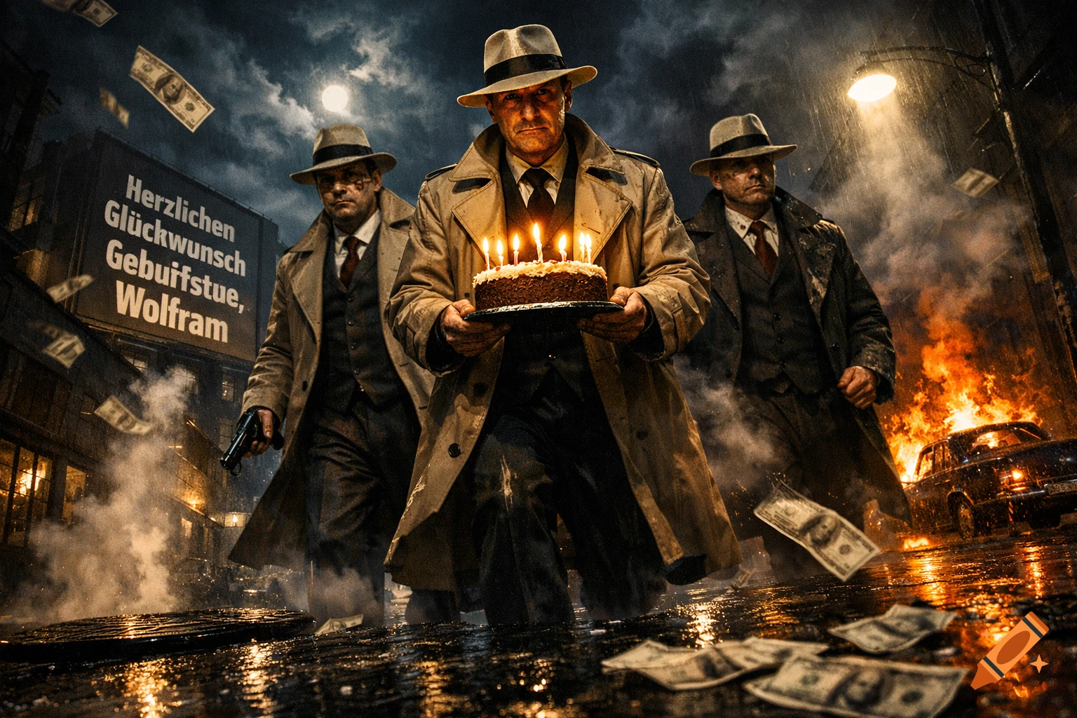 Three film noir gangsters in trench coats and fedoras walk on a wet street at night. The middle one carries a birthday cake, while a car burns and money flies in the background in a hyperrealistic style.