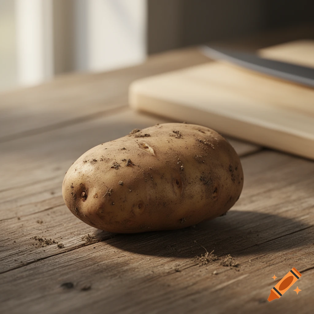 A single dirty potato sits on a rustic wooden table with a blurred cutting board and knife in the background, bathed in natural light.
