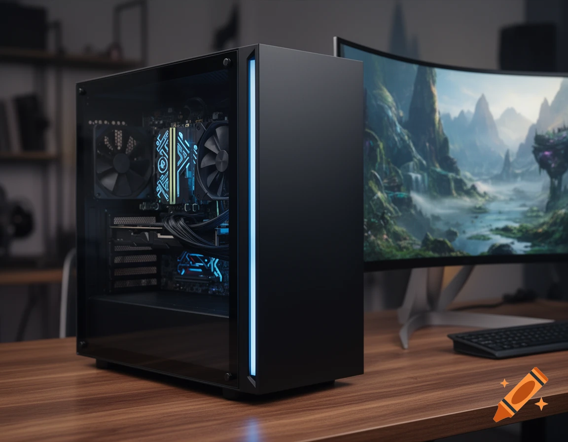 A sleek black PC case with blue LED lighting on a wooden desk next to a curved monitor displaying a fantasy landscape.