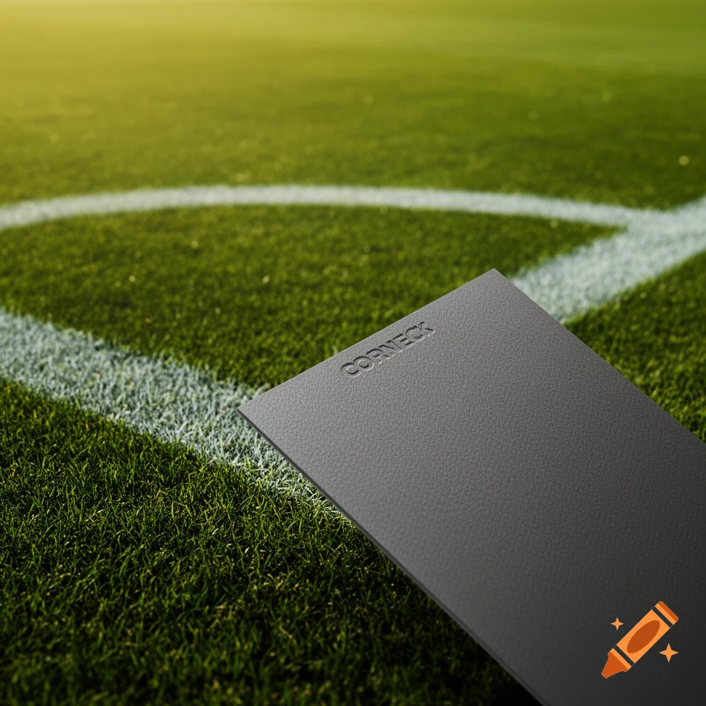 A dark gray trading card with "CORNECK" embossed, resting on a green soccer field near a white corner line.