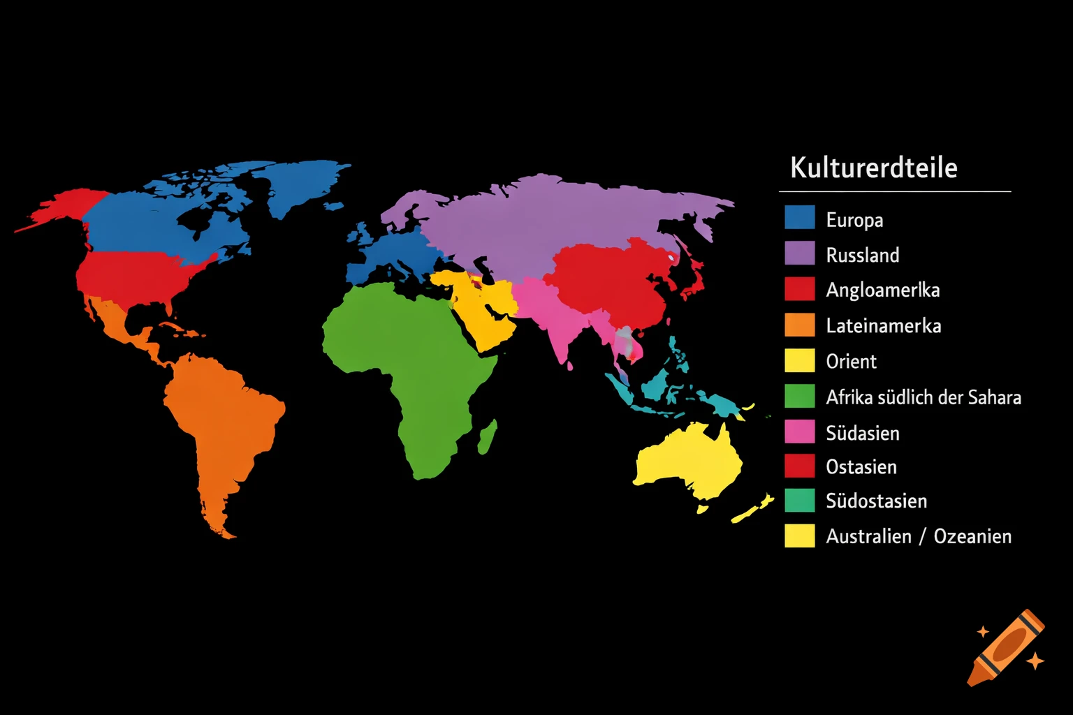 A colorful world map displaying cultural regions with a German legend on a black background.