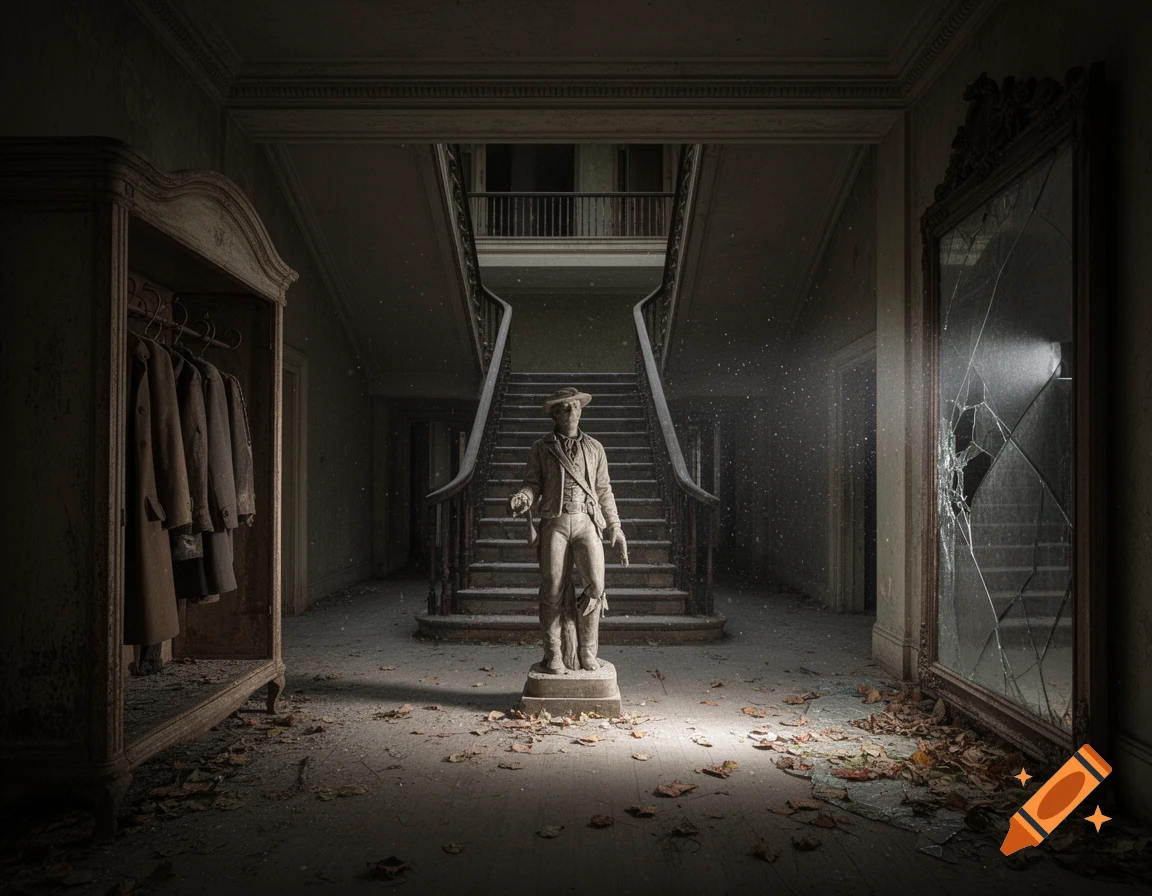 A dimly lit, abandoned mansion foyer with a pioneer statue, a broken mirror, a wardrobe, and leaves on the floor.