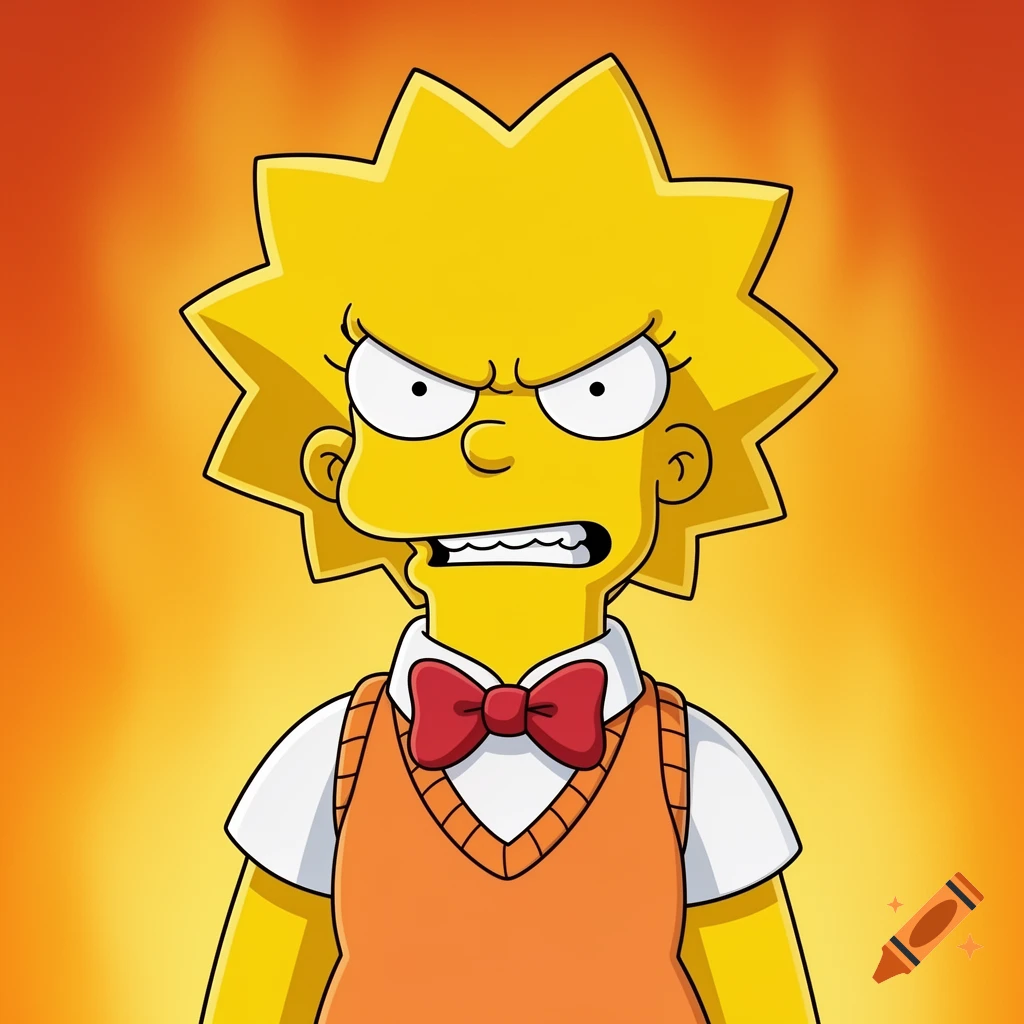 An angry Lisa Simpson from The Simpsons, wearing her school uniform with a red bow tie, grinding her teeth against an orange background.