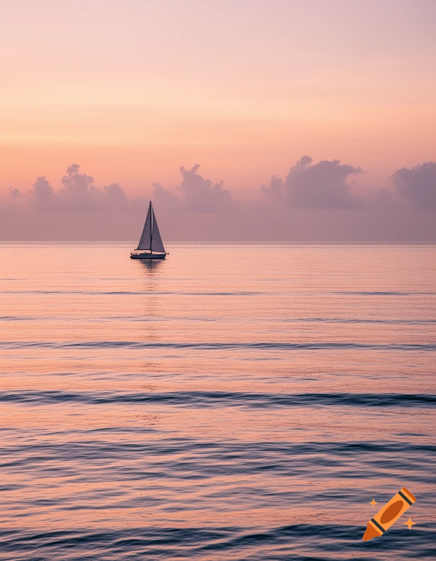 A lone sailboat on calm water under a pink and orange sky with soft clouds.