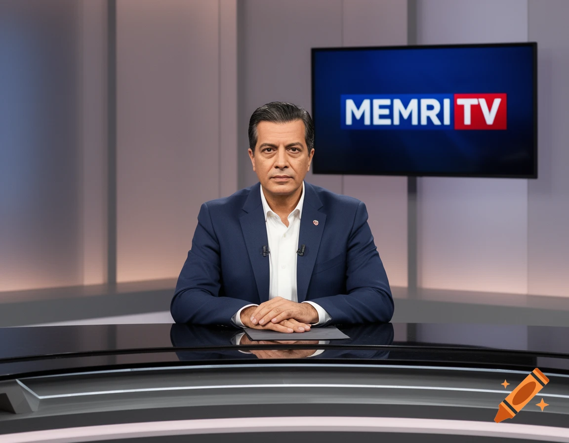 A photorealistic image of a male anchorman in a blue suit sitting at a news desk, with a screen showing 'MEMRI TV' in the background.