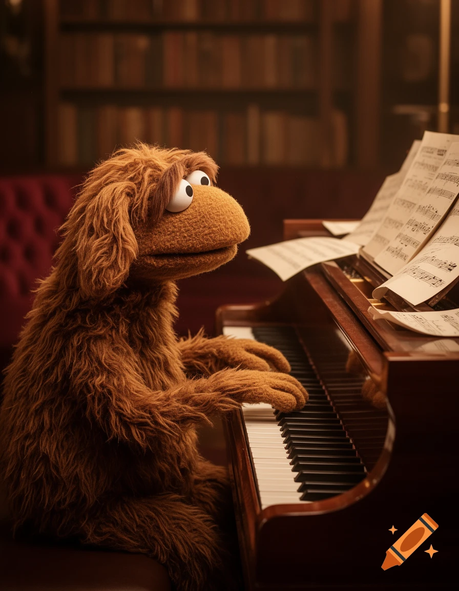 A brown furry muppet-like character with large eyes plays an upright piano in a dimly lit library, photorealistic.