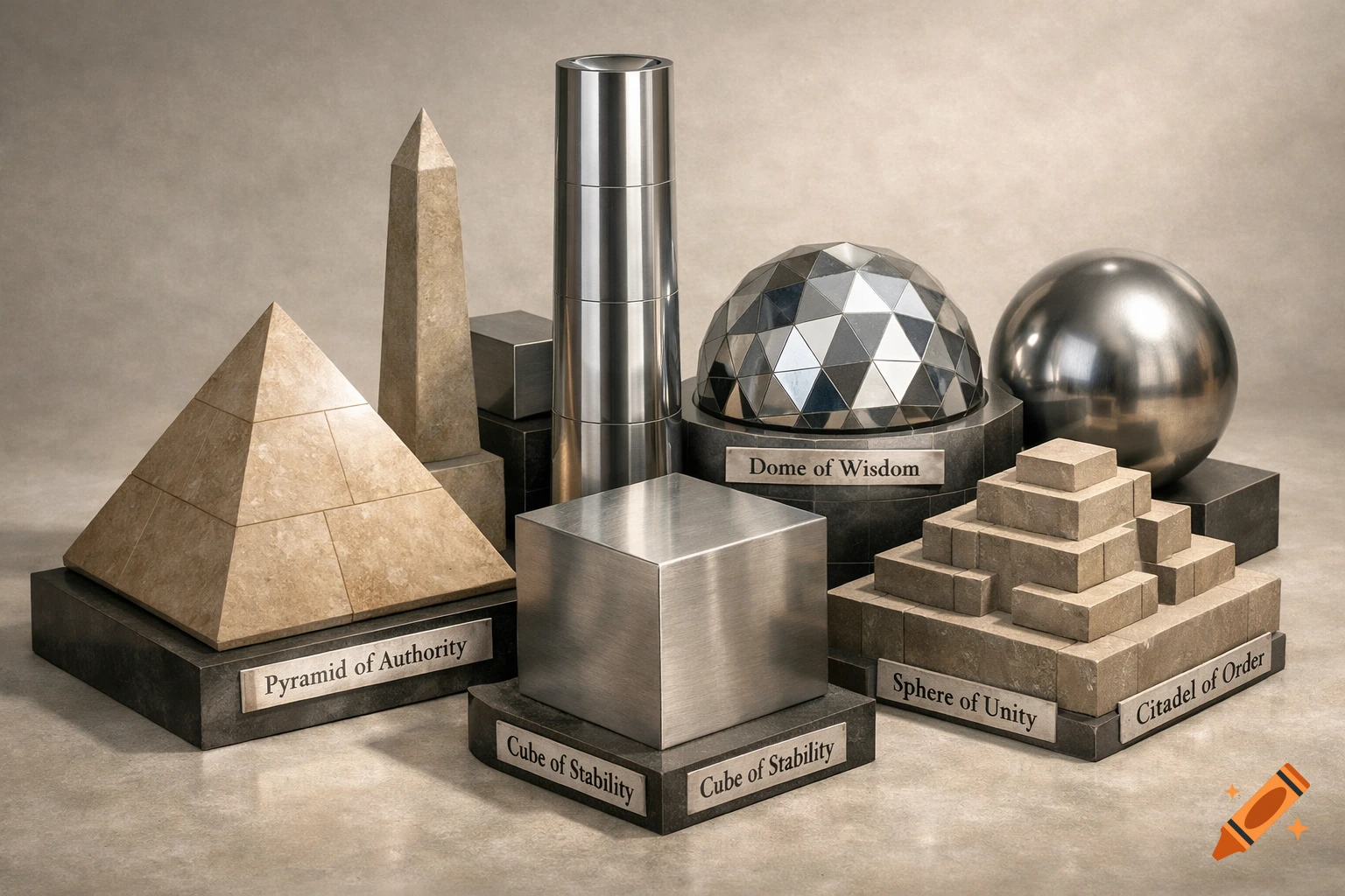 Photorealistic arrangement of various stone and metal geometric solids with conceptual labels, including pyramids, cubes, a cylinder, and spheres.