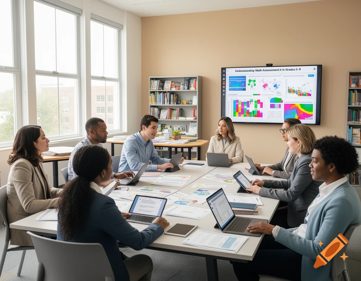 Professionals in a meeting room discuss data displayed on a large screen and laptops.