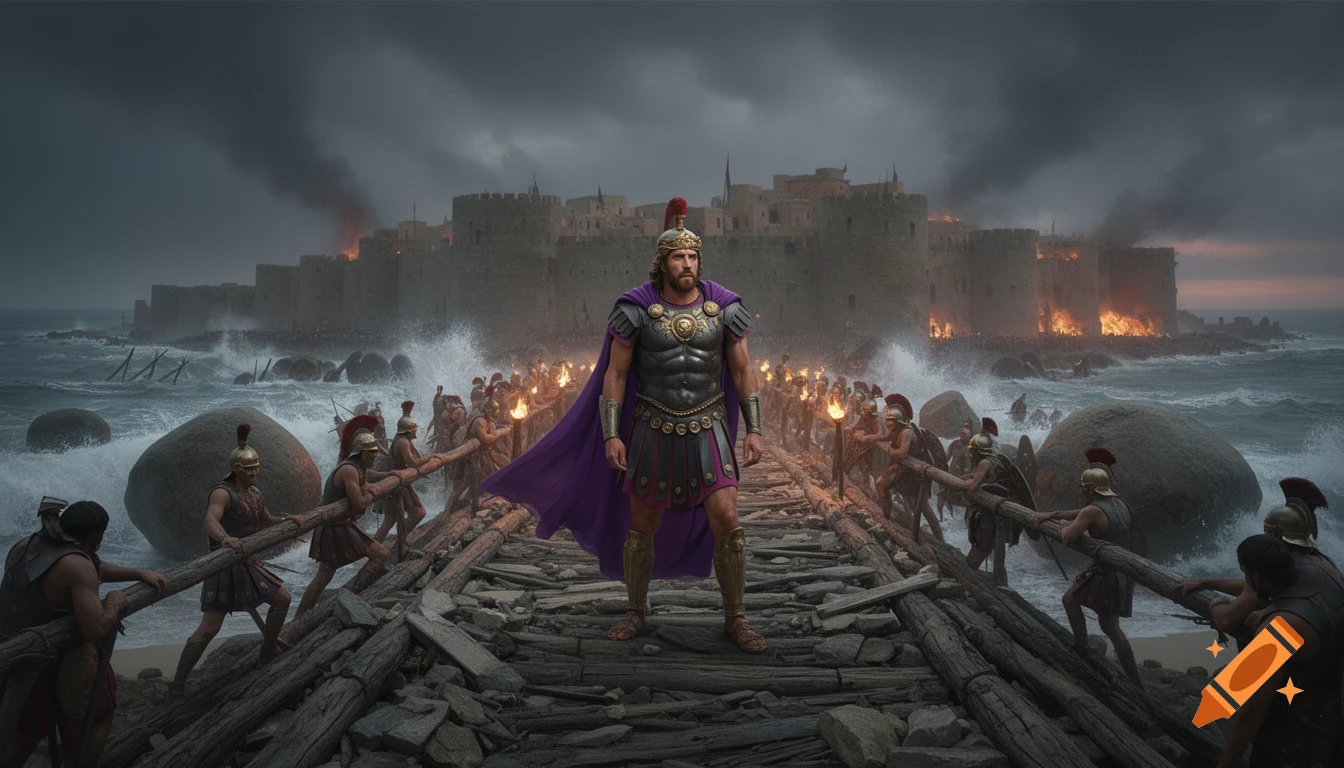 A muscular warrior in purple and gold armor stands on a wooden bridge among soldiers, facing a burning walled city by a stormy sea.