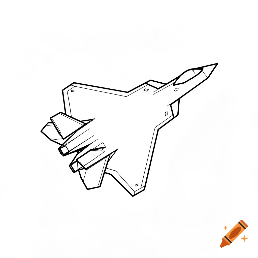 A minimalist black and white line drawing of a stealth fighter jet.