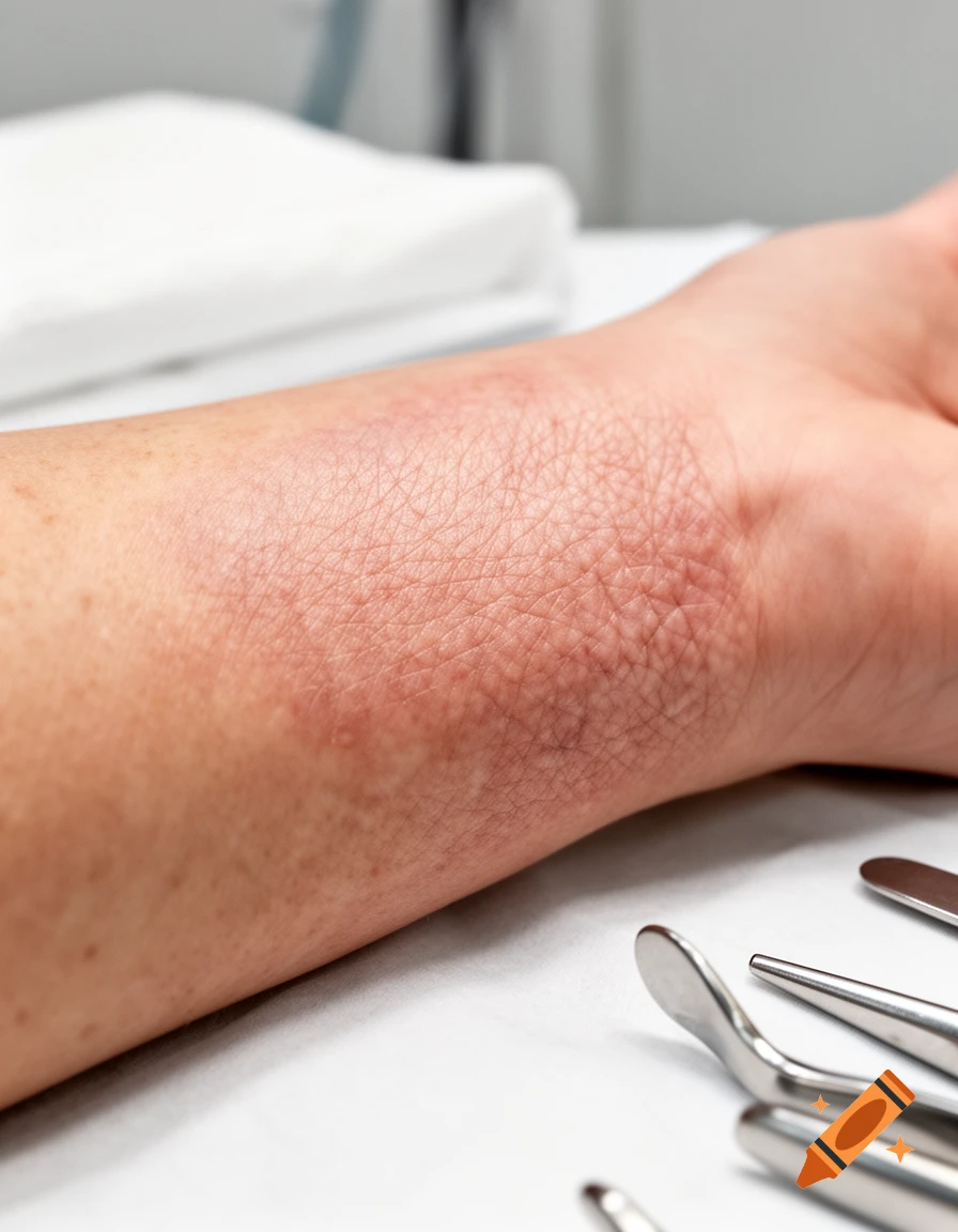 Close-up of a human arm showing a red skin rash, with blurred medical instruments visible in the foreground on a white surface.