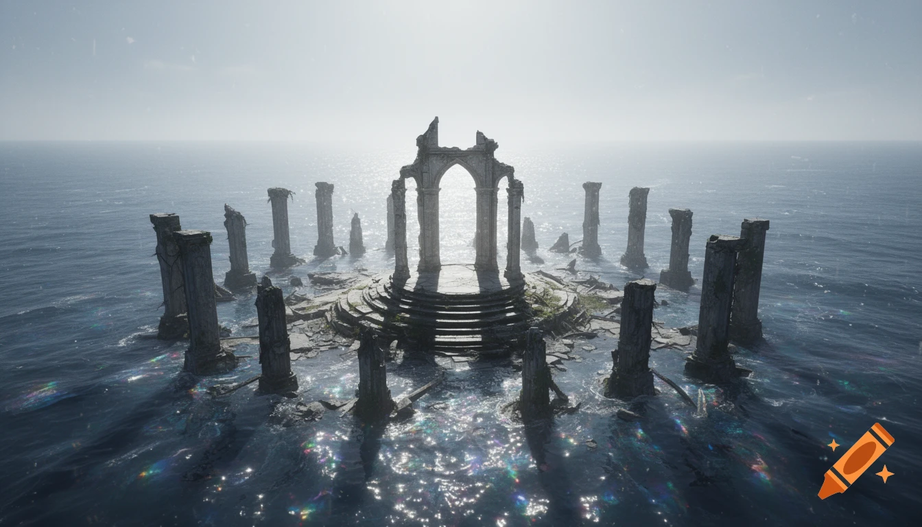 A dramatic view of ancient ruins forming a circular dais in a vast, shimmering, hazy sea under a bright sky.