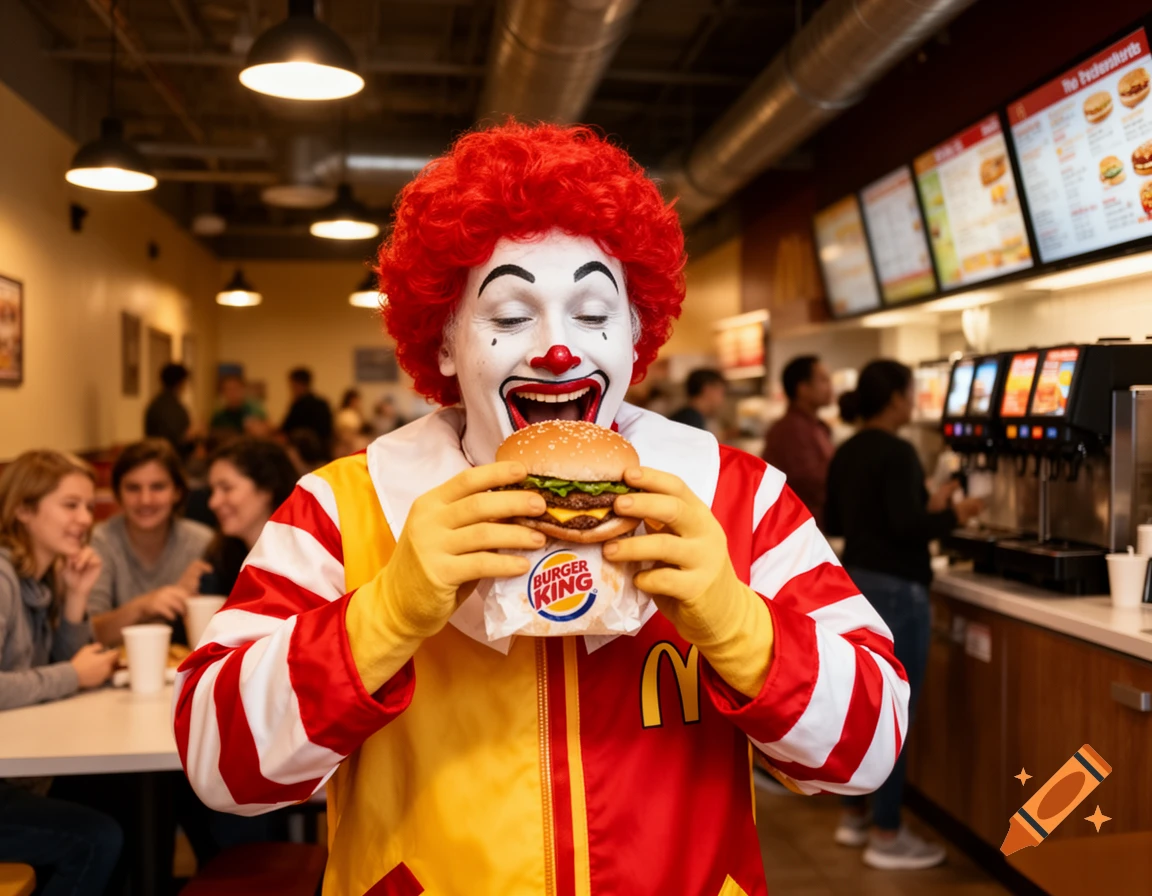 Ronald McDonald in a fast food restaurant, wearing his costume, joyfully eating a Burger King hamburger.
