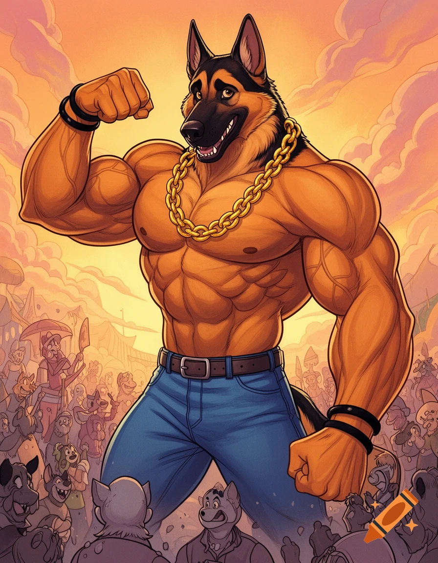 A huge, muscular anthropomorphic German Shepherd in blue jeans, a gold chain, and black bracelets flexes his bicep amidst a crowd at sunset in a cartoon style.