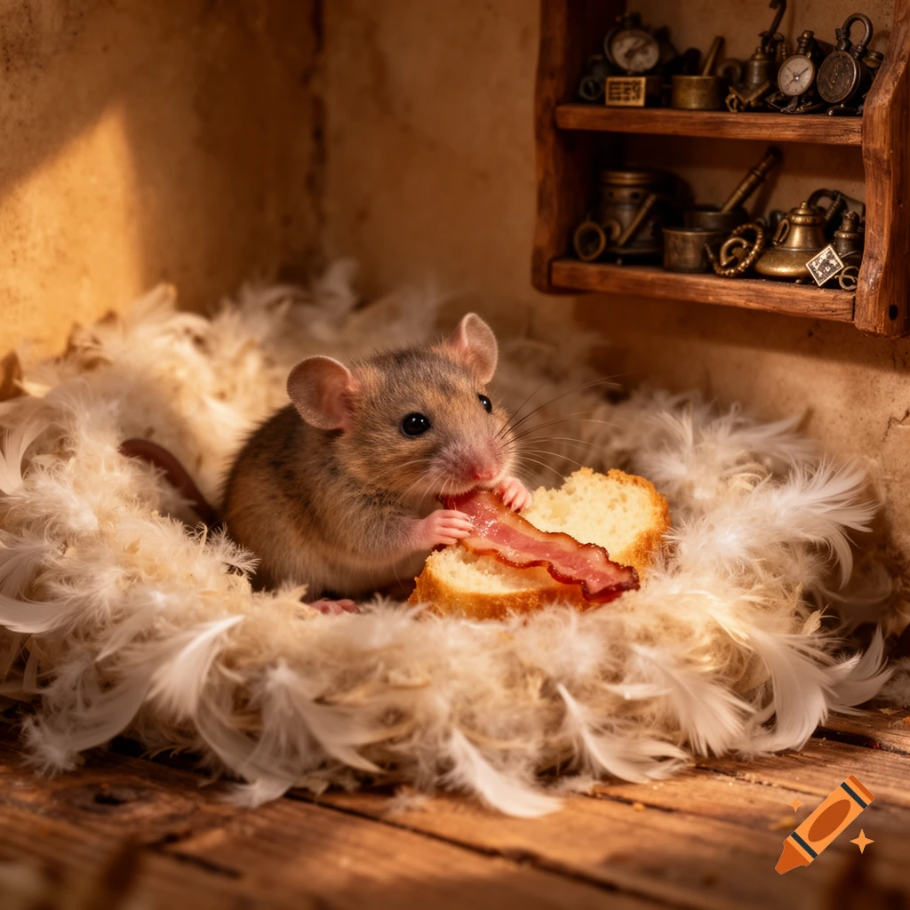 A small mouse in a nest of white feathers eats bacon and bread, with a miniature shelf of antique objects in the background.