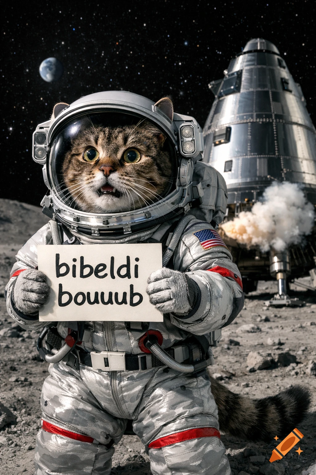 A wide-eyed tabby cat in an astronaut suit stands on the moon, holding a sign that reads "bibeldi bouuub". A spaceship emitting smoke is in the background.