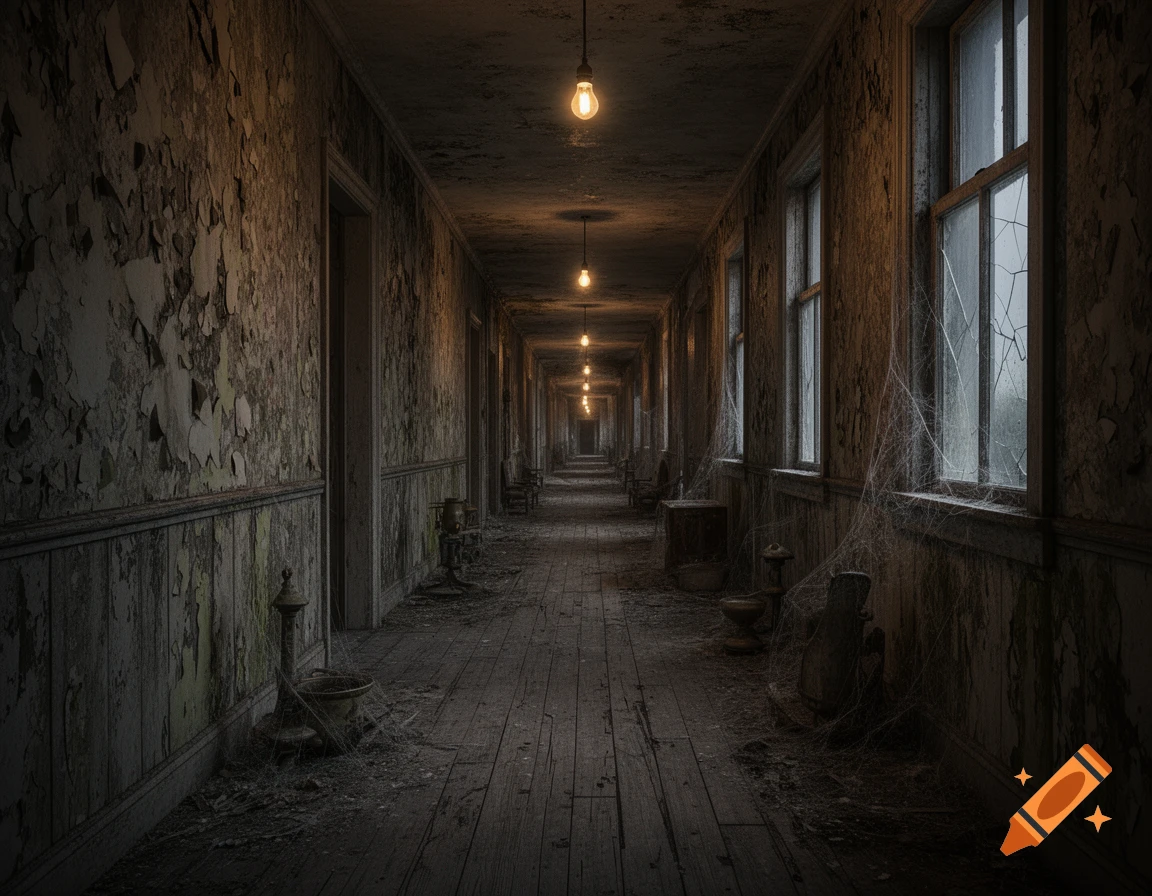 A long, dark, abandoned hallway with peeling paint, broken windows, and cobwebs, lit by dim overhead bulbs.