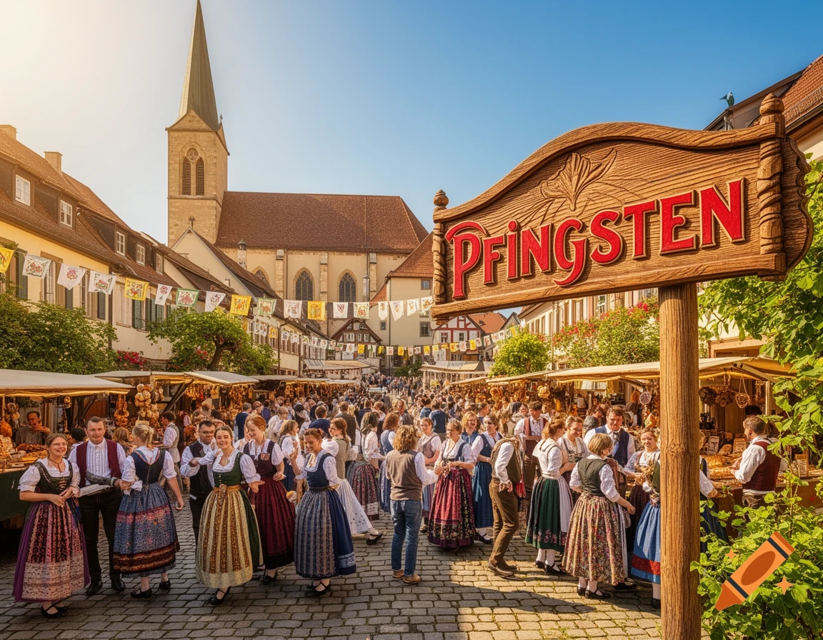A lively outdoor market festival, 'Pfingsten', with people in traditional German attire, market stalls, and a church in the background.