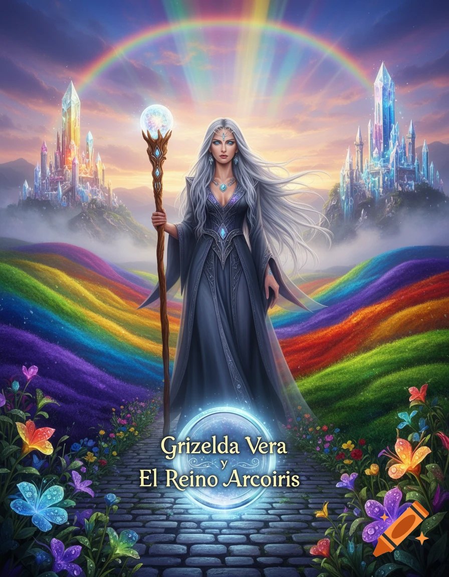 A fantasy woman with white hair and a staff stands on a path, with rainbow fields, crystal castles, and a rainbow in the sky.