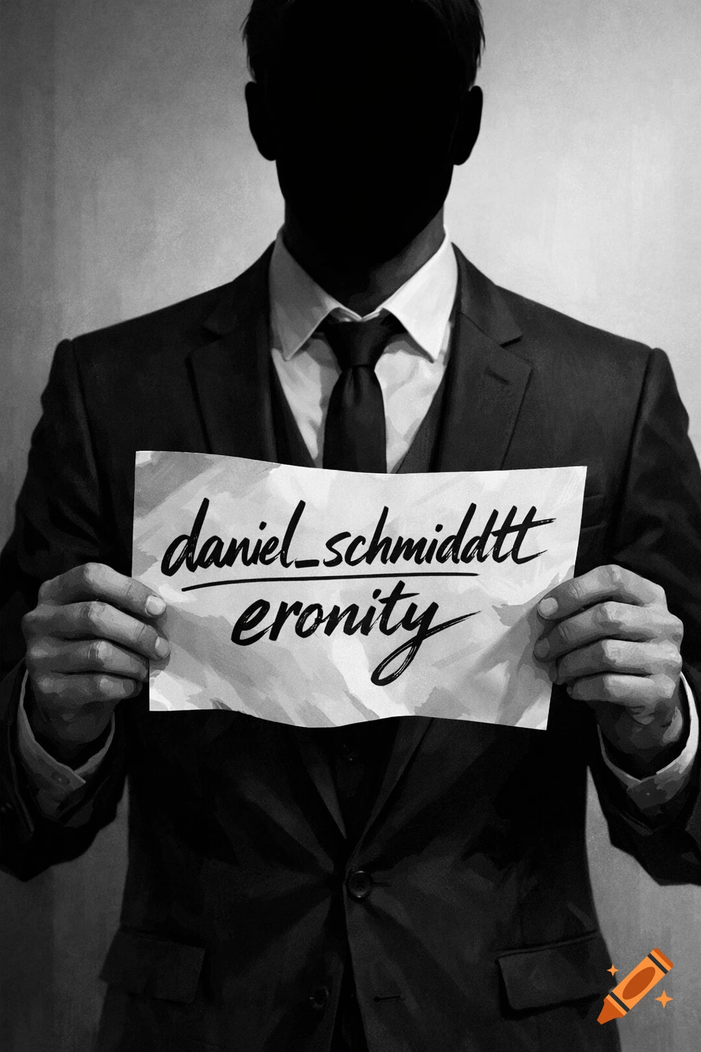 Monochrome image of a man in a suit with a blacked-out face holding a paper with "daniel_schmiddtt eronity" written on it.