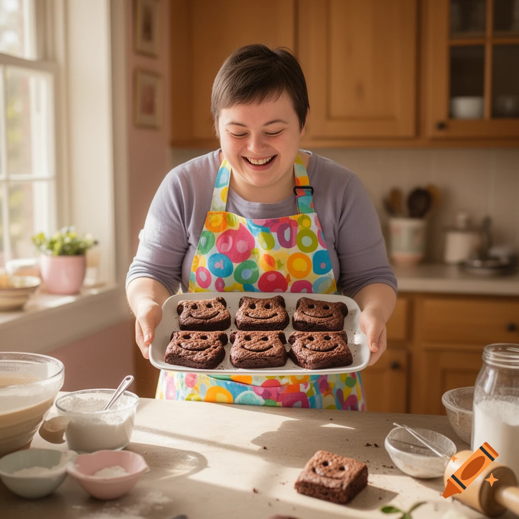 A smiling person with Down syndrome in a colorful apron holds a tray of brownies with smiley faces in a bright kitchen.