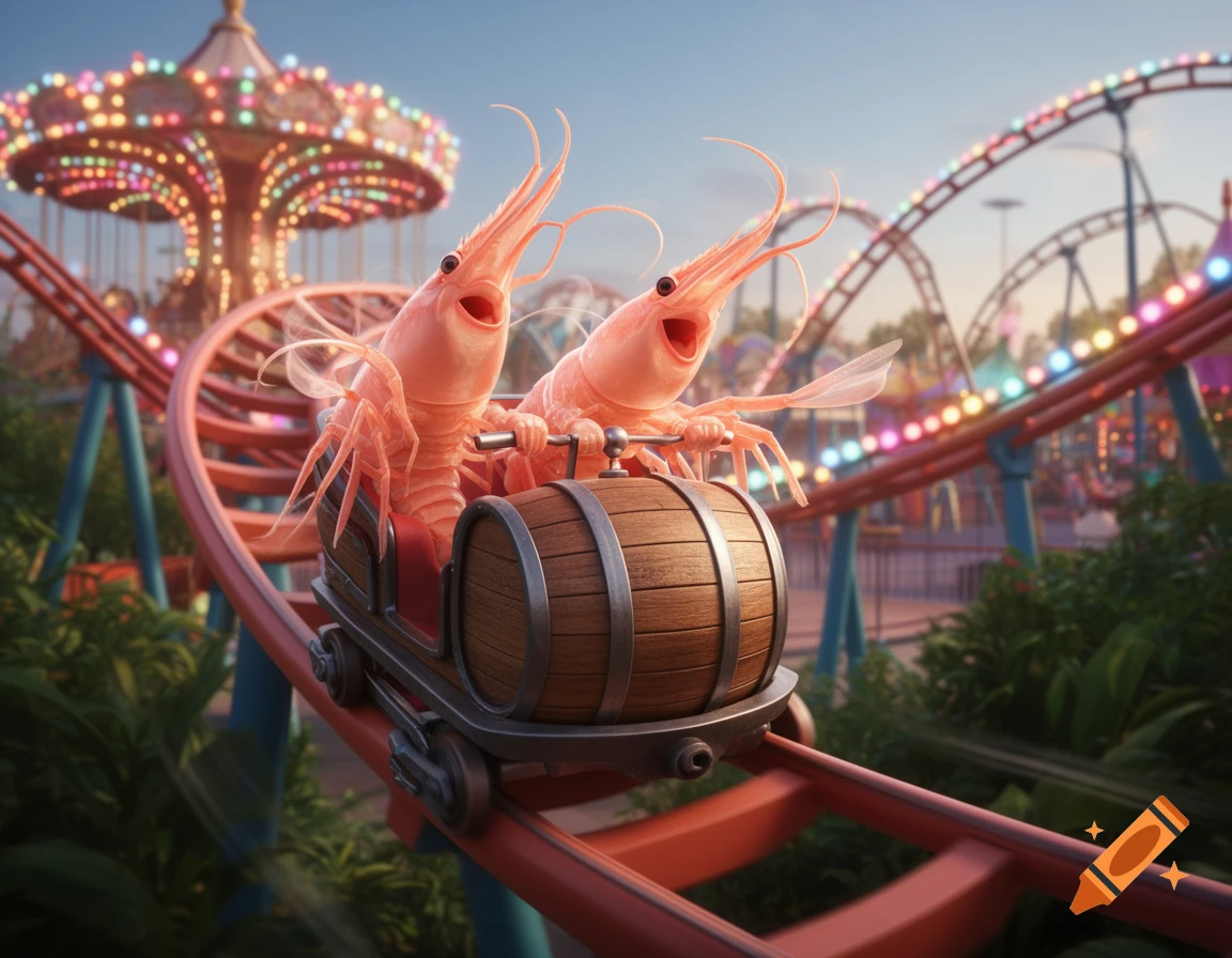 Two photorealistic shrimps with happy expressions riding a roller coaster cart shaped like a barrel through a brightly lit amusement park.
