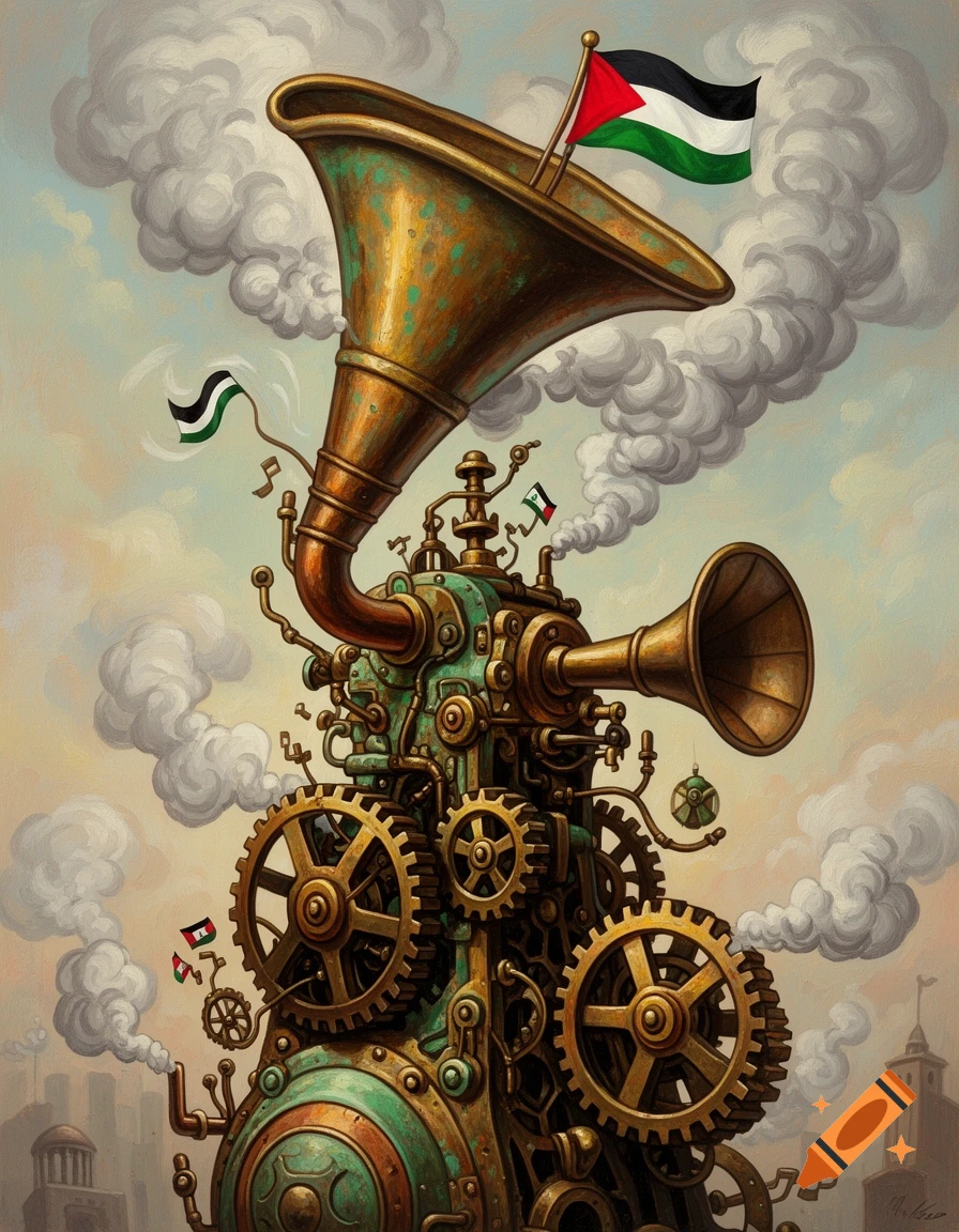 Caricatural painting of an ornate steampunk machine with gears, pipes, a large horn, and Palestinian flags, emitting smoke.
